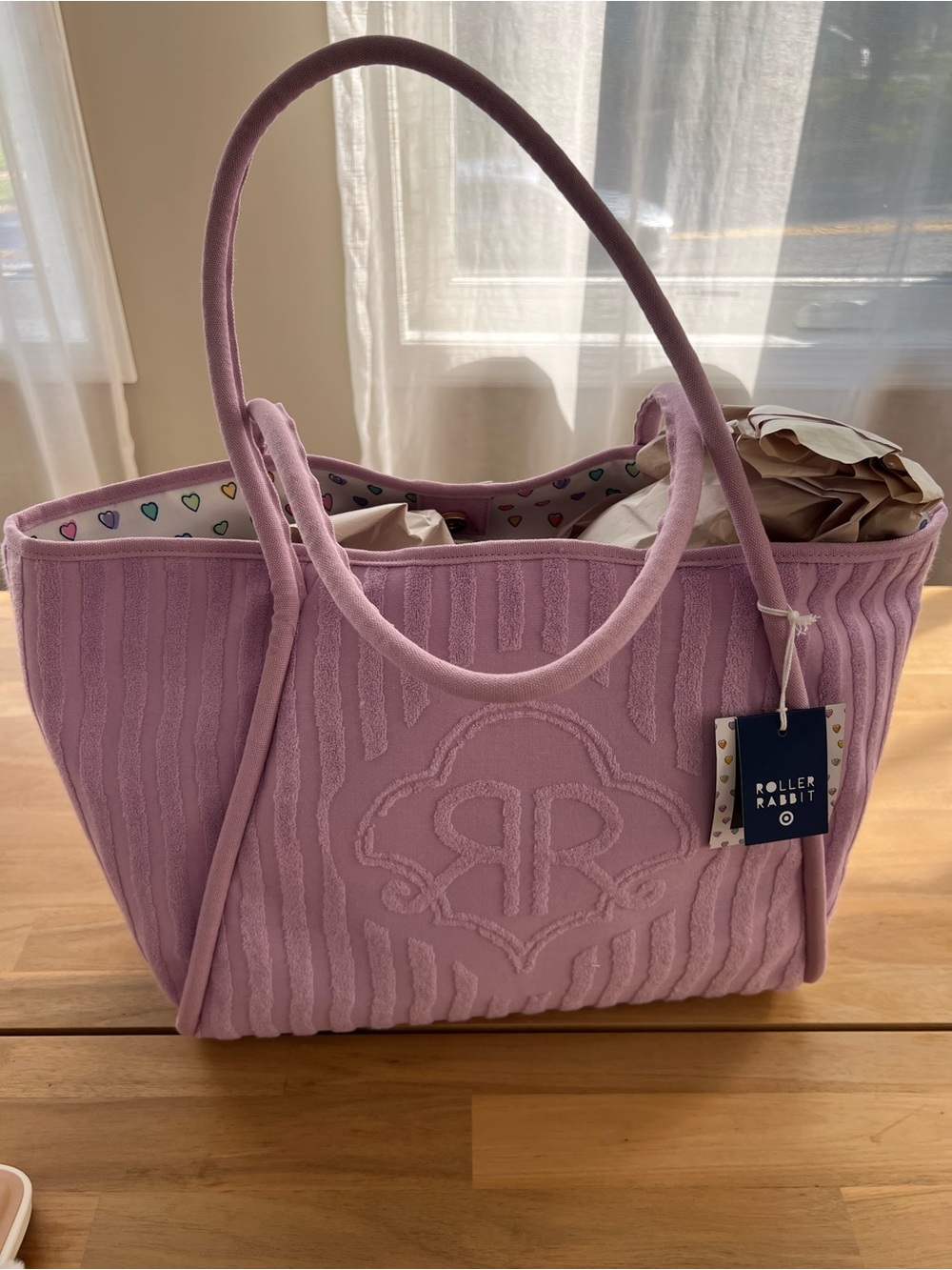 NWT Roller Rabbit x Target Striped Large Lavender Purple Terry Beach Tote Bag